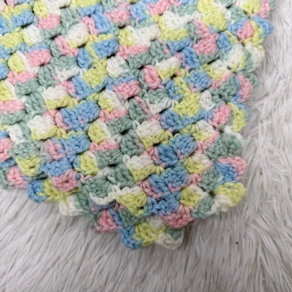 Handmade crocheted pastel pink blue yellow green chunky baby blanket